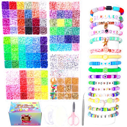 Tilhumt 16000Pcs Clay Beads Bracelet Making Kit in 96 Colors, 5 Boxes Friendship Bracelet Kit Flat Polymer Heishi Beads with Charms for Jewelry Making, Crafts Gift for Girls