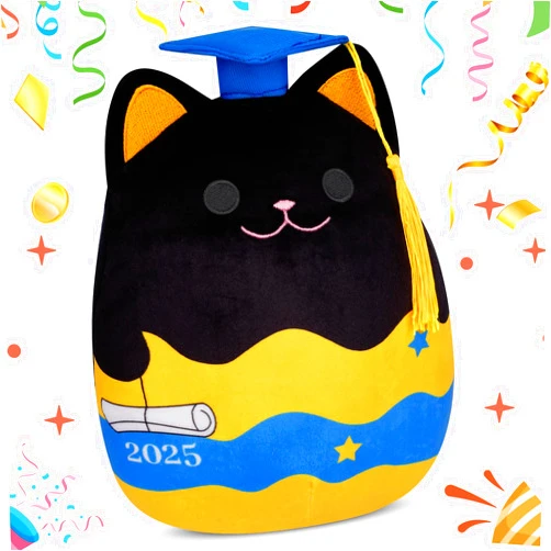 JEROKUMI Graduation Stuffed Animal 2025，8in Black Cat Plush Blue Cap & Gold Tassel Class of 2025 Graduation Gifts Kids, Teens, Adults,Preschool, Kindergarten High School College
