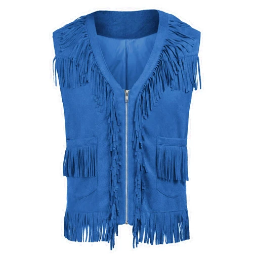 ELESOL Men's Western Cowboy Vest Casual Fringe Hippie Costume V Neck Zipper Suede Leather Waistcoat