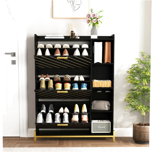 Ampela Modern 3 Flip Drawers & 4 Open Shelves,Entryway Slim Storage Cabinet,Narrow Hidden Heels,Boots,Slippers,Wood Freestanding Shoe Rack for Hallway,Closet, Black
