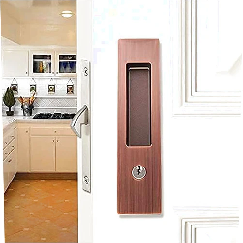 Hoconnie 6.3” Keyed Pocket Door Hardware Invisible Door Lock Barn Door Lock with Keys for Sliding Wooden Door Red Copper