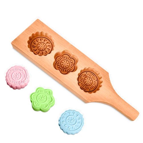 HYQO Wooden Cookie Molds for Baking - Moon Cake Molder Cookie Stamps Chinese Mooncake Mold - 3 Wooden Flowers Cookie Stamp Baking Moon Cake Mold for Muffin, Chocolate Mold Pie Stamps Dough Butter
