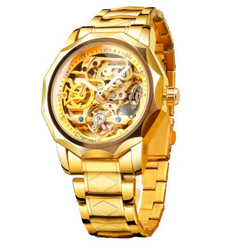FORSINING Men's Skeleton Automatic Tourbillon Watch Self-Wind Hollow Mechanical Watch Tourbillion Rhombus Stainless Steel Wristwatch Gold OR Black