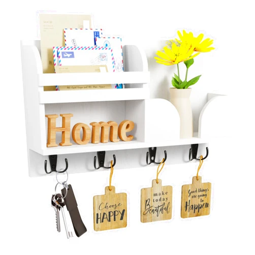 YEMNMFH Floating White Key Holder for Wall, Rustic Wood Entryway Shelf for Storage, Easy to Install Mail Organizer with 4 Hooks, Decorative Coat Rack for Bathroom, Kitchen, Bedroom and Home Decor