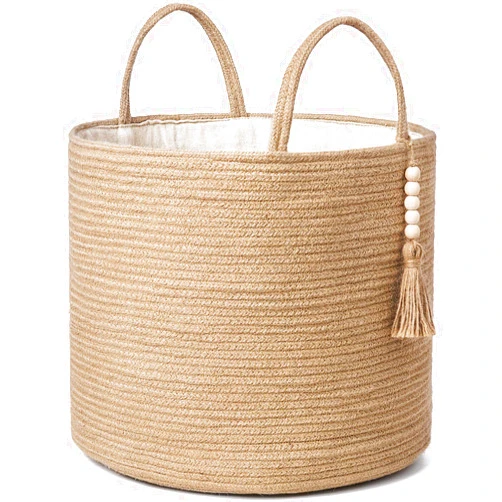 Mkono Woven Storage Basket Decorative Natural Rope Basket Wooden Bead Decoration for Blankets,Toys,Clothes,Shoes,Plant Organizer Bin with Handles Living Room Home Decor, Jute, 16