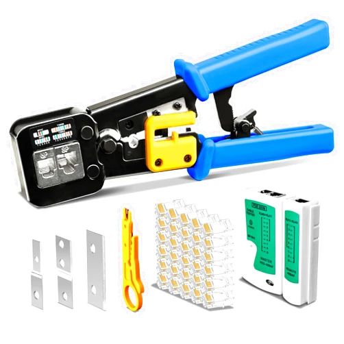 HIIJA Cable Tester + RJ45 Crimp Tool Pass Through CAT6 Cat5e Cat5 Crimping Tool for RJ45/RJ12 Regular, 50PCS CAT5 CAT5e Pass Through Connectors, Mini Wire Stripper