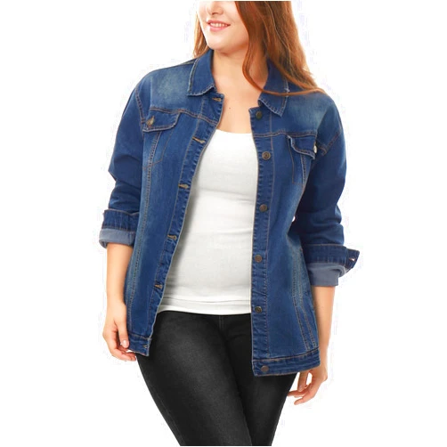 uxcell Women's Plus Size Jean Jacket Stitching Button Front Washed Denim Jacket