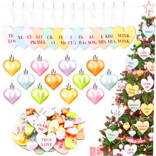 Yuntau 48 Pcs Valentine Tree Decorations Pastel Color Heart Ornaments Bulk Hanging Wooden Conversation Hearts Plastic Heart Shaped Baubles for Mini Tree Home Decor