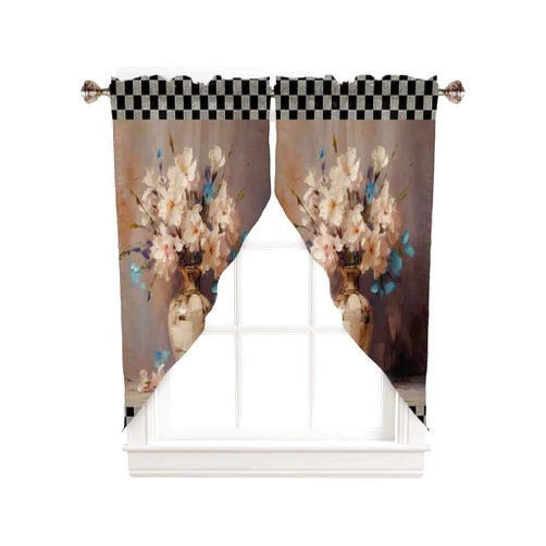 CosyBright Kitchen Curtains Black Plaid Vase Flower Oil Painting Window Valance Set,Rod Pocket Curtains Swag for Bedroom Living Room,Swag Valance 36