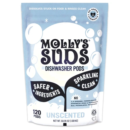 Molly's Suds Dishwasher Pods | Clean Dishwasher Detergent, Cuts Grease & Rinses Clean (Residue-Free) for Sparkling Dishes | 120 Auto-Release Tabs (Unscented)