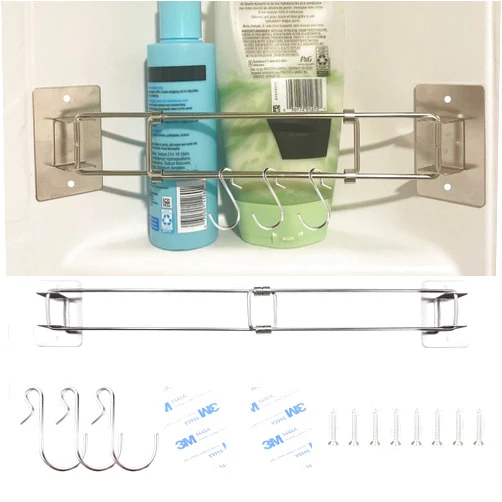 EASYEAH 1 Pack Rv Shower Corner Storage Bar with 3 S-Hooks-Adjustable Stainless Steel Rod Bathroom Shelf Retainer Bars Stick On Rv Organization and Storage Accessories Inside Camper Travel Trailer Must Haves