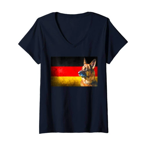 Deutscher Schäferhund Flagge Deutschlands Womens Deutscher Schäferhund Flagge Deutschlands German Shepherd V-Neck T-Shirt