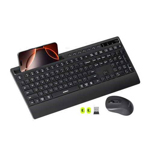 seenda Bluetooth Keyboard and Mouse, Multi-Device Ergonomic Keyboard Mouse with Wrist Rest, Phone Holder, Full Size Wireless Quiet Combo Compatible for Windows, Laptop, MacBook Pro/Air, iPad - Black