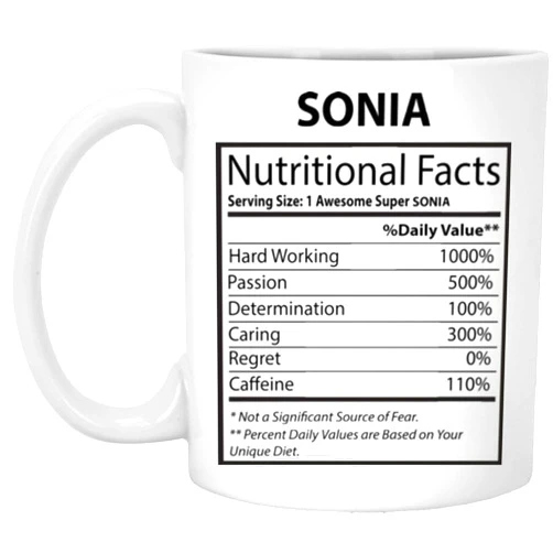 Rogabi Rera Personalized Cup for Sonia Nutritional Facts Personalized Coffee Mug for Wife, Girlfriend on Birthday White Ceramic 11 Oz Uljvxq 46792