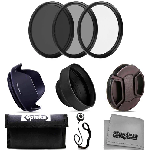 47th Street Photo Opteka 58mm DSLR 3pc Filter Accessory Starter Kit with Ultra Violet, Circular Polarizing and Neutral Density Filters, Collapsible Rubber & Petal Lens Hood with Lens Cap and Cap Keeper