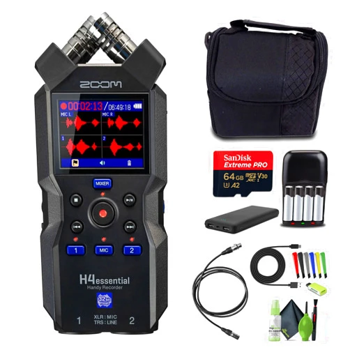 Zoom H4essential 4-Track 32-Bit Float Portable Audio Recorder With Accessibility Option, Stereo Microphones, 2 XLR/TRS Combo Inputs, USB Interface, for Musicians, Podcasters Bundle With Accessories