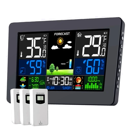 Grilza Weather Station Wireless Indoor Outdoor, Digital Outdoor Thermometer with 3 Sensor, Large Display Home Weather Stations with Weather Forecast, Atomic Clock, Barometric Pressure, Moon Phase