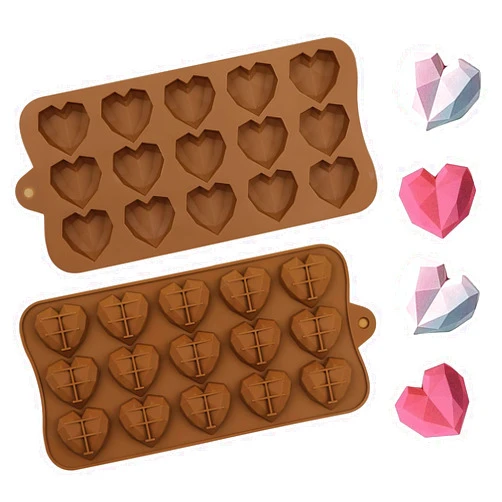 AUOCATTAIL 2 Pcs Heart Silicone Molds 15 Cavity 3D Diamond Love Heart Shape Chocolate Candy Silicone Mold for Making Cakes Mousse Chocolate Ice Cream Jelly Soap DIY Tools