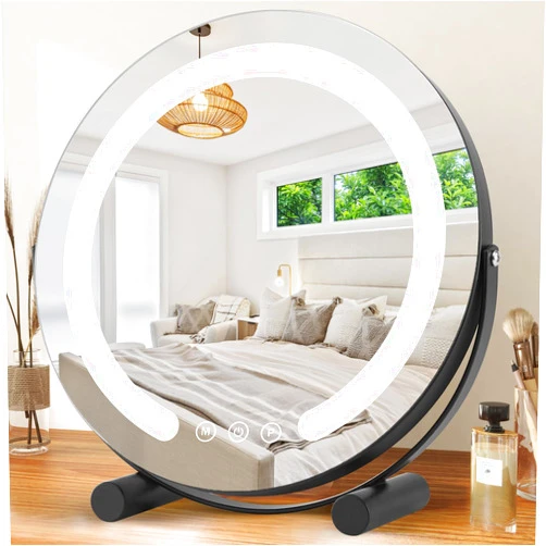 ALHAKIN 13 inch Vanity Mirror with Lights, LED Makeup Mirror with Lights, Smart Touch Control 3 Colors Dimmable Round Lighted Makeup Mirror for Bedroom Tabletop (Black)