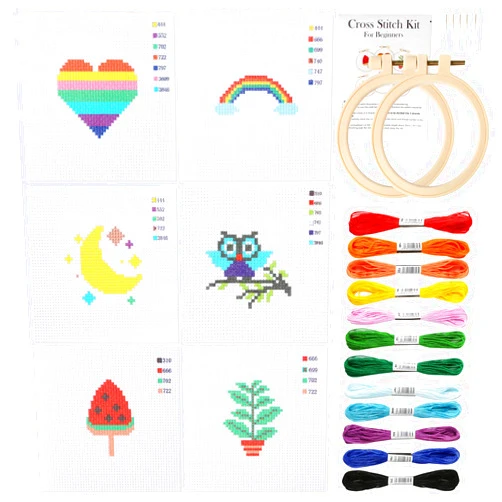 Pllieay Cross Stitch Beginner Kit for Kids 7-13, Includes 6pcs Project Cross Stitch Pattern and 2pcs Hoops, 12 Skeins, Needle Point Starter Kit Sewing Set with Instructions