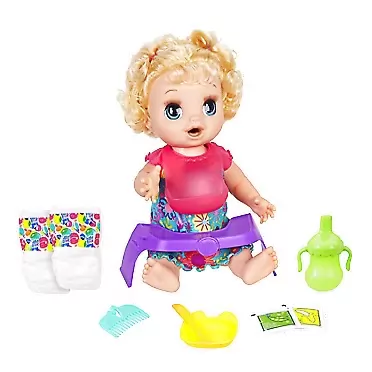 Baby Alive Happy Hungry Baby Blond Curly Hair Doll, Makes 50+ Sounds & Phrases, Eats & Poops, Drinks & Wets, for Kids Age 3 & Up, Brown/A (E4894) Standard