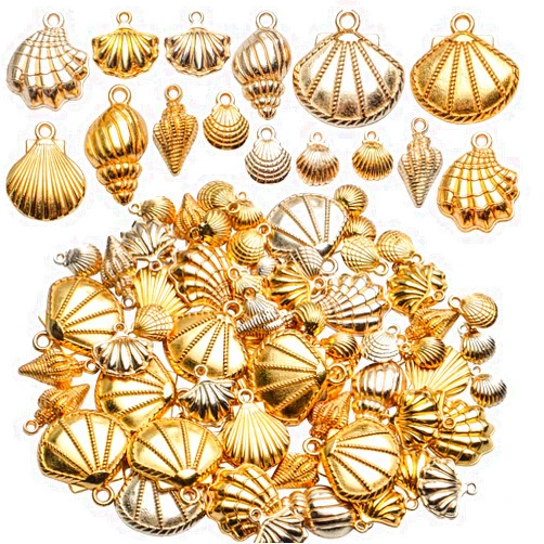 Aylifu Seashell Charms,100 Gram Gold Shell Charms Ocean Theme Pendants Conch Scallops Mussel Marine Life Sea Animals Dangle Charms for Jewelry Making Necklace Bracelet Crafting