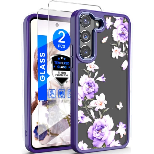 Dretal for Samsung Galaxy S21 5G Case Floral, Military Grade Drop Tested Hard Back & Soft Edge Slim Flower Women Girls Phone Protective Cover + Tempered Glass Screen Protector for Galaxy S21(Purple)