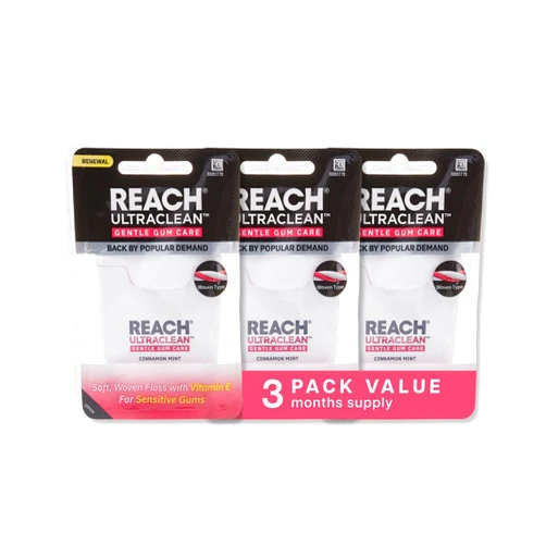 REACH ULTRACLEAN Gentle Gum Care Expanding Floss – Woven, Non-Waxed, PFAS-Free with Vitamin E, for Sensitive Gums, Cinnamon Mint 55YD (3-Pack)