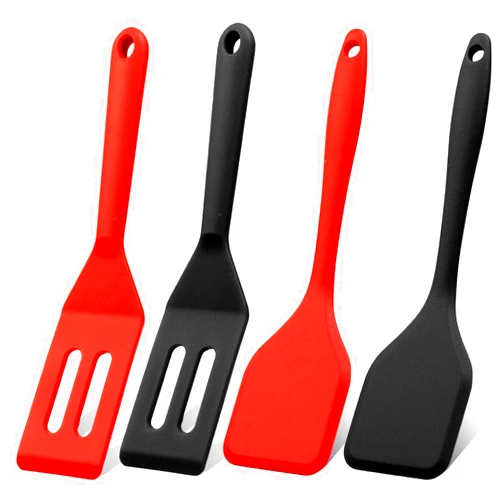 Dazzhues Mini Silicone Brownie Serving Spatula Set Flexible Non Stick Serve Turner Heat Resistant Cooking Spatula for Flip Eggs Crepe Steak Pizza Kitchen Utensil (Red, Black)