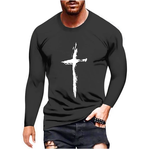 WOCACHI Soldier Long Sleeve T-shirts for Mens, Spring 3D Street Faith Jesus Cross Print Workout Athletics Tee Tops