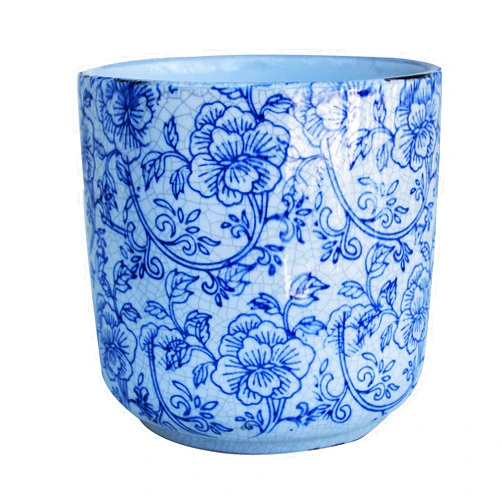 Goodman and Wife Old World Ceramic Blue and White Pattern Round planters or Garden pots (Cylindrical Flower Print 7 inches Tall)