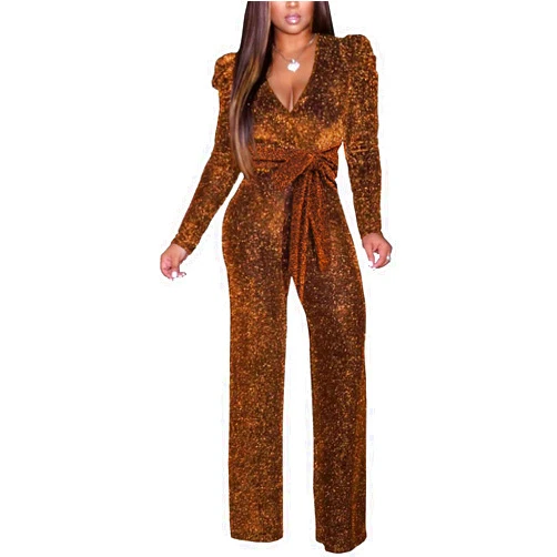 SeNight Women's Sparkly Jumpsuits Sexy Long Sleeve Cocktail Elegant Mock Neck Bodycon Straight Long Pants Rompers with Pockets