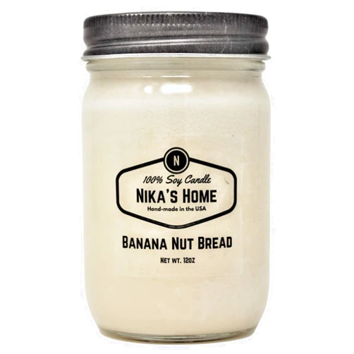 Nika's Home Banana Nut Bread Soy Candle 12oz Mason Jar Non-Toxic White Soy Handmade Long Burning 50-60 Hours Highly Scented All Natural, Clean Burning Candle Gift Décor