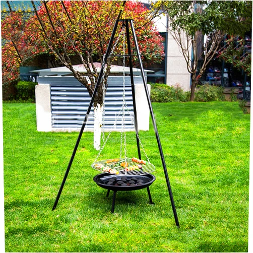 GKTF BBQ Tripod, Fire Pit with Height-Adjustable Swivel Hanging Grill Outdoor Metal Fire Brazier for Garden Camping Cooking Pot Rack Party, black