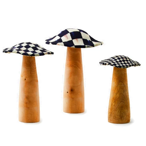 MACKENZIE-CHILDS Wood Mushrooms, Fall Mushroom Table Decor, Set of 3, Black-and-White Courtly Check