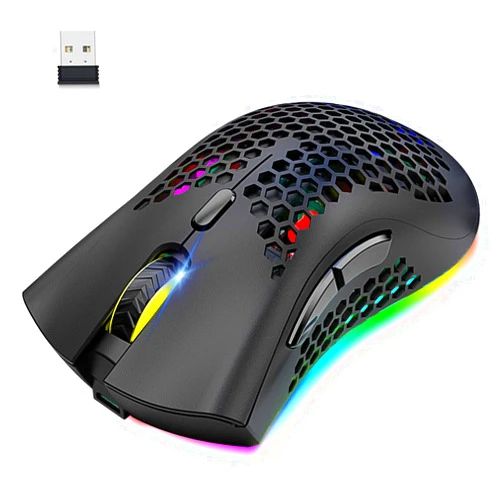 FELICON Wireless Lightweight Gaming Mouse Honeycomb with 7 Button Multi RGB Backlit Perforated Ergonomic Shell Optical Sensor Adjustable DPI Rechargeable 800 mAh Battery USB Receiver for PC Mac Gamer(Black)
