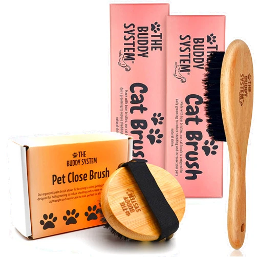 The Buddy System Pet Close Brush, Soft Touch Oval Palm Brush and Cat Brush with Boar Bristle and Wooden Handle for Dogs and Cats