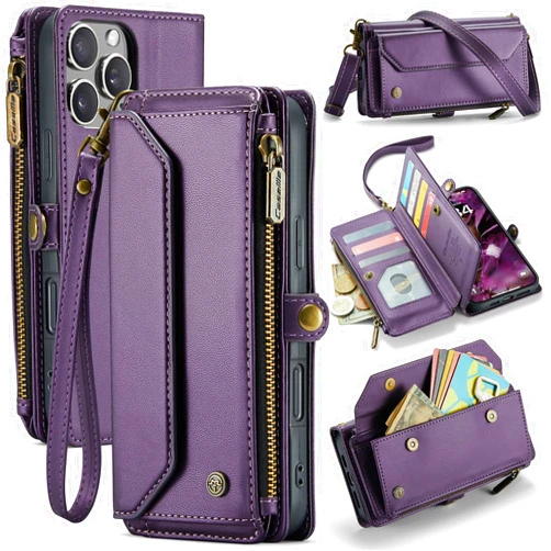 WAWZ for iPhone 16 Pro Max Case, Women Men Multi-Function Wallet Case with Stand RFID Blocking Featuring Magnetic Closure Zipper Includes Shoulder Strap Wrist Strap (Purple)