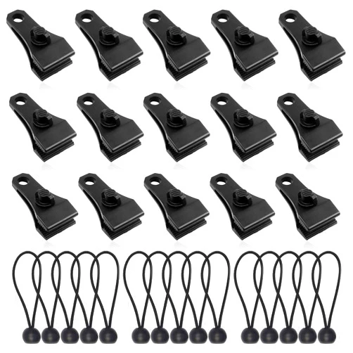 AMURS 15Pcs Upgrade Tarp Clips Heavy Duty Lock Grip Tarp Clamps Thumb Screw Tent Clamps with 15Pcs Black Ball Bungee Cords for Pool Cover,Tarps Car Awnings Outdoor Camping Caravan Canopies