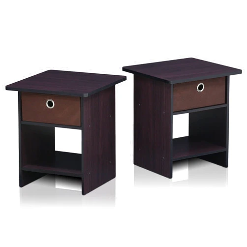 Furinno Dario End Table / Side Table / Night Stand / Bedside Table with Bin Drawer, 2-Pack, Dark Walnut