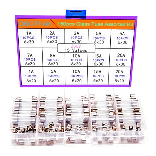 QBGTFAK 15 Values 150pcs Quick Blow Glass Tube Fuse Assorted Kit 6x30mm 250V 1A, 2A, 3A, 5A, 6A, 7A, 8A, 10A, 15A,20A, 5x20mm 250V 1A, 5A, 10A, 15A, 20A (5x20mm and 6x30mm A)