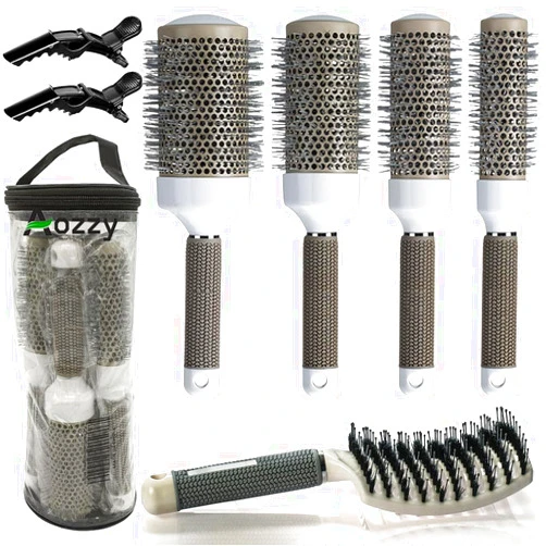 Aozzy Round Brush Set for Blow Drying, with Boar Bristle Vented Curved Detangling Hair Brush, Thermal Ceramic & Ionic Tech Reduce Frizz Hair, Makes Hair More Smooth and Shiny for Curling & Straightening