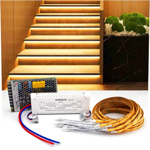 KOMIGAN Intelligent Motion Sensor LED Stair Lighting Kit KMG-3233, 40 Inch (100 cm) Long Cuttable LED Strip Light for Indoor LED Stair Lights LED Step Lights (Warm White 3000K,12 Stairs)
