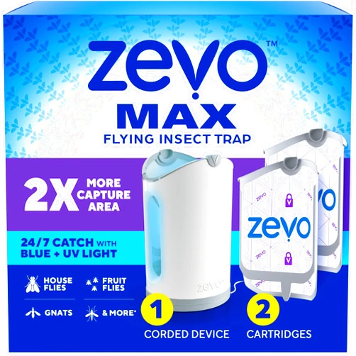 Zevo MAX Bug Catcher & Fly Trap for Indoors - Flying Insect Trap for Gnats, House & Fruit Flies - Use in Any Room - No-Mess Disposal (1 Plug in Base & 2 Cartridges)