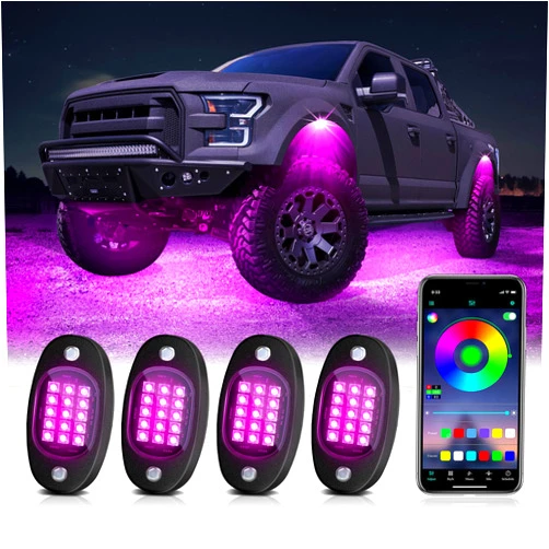 MAODANER 4 Pods RGB LED Rock Lights Kit with APP Control, Multi-Color 175° Beam Angle Car Underglow Lights for Trucks, Waterproof Music Mode, Neon Underbody Lights for Automotive Exterior Accessories