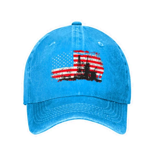 Doukabft Baseball Cap American Flag Oilfield Oil Drilling Gas Rig Worke Washed Denim Adjustable Fashion Unique Hat for Men Women
