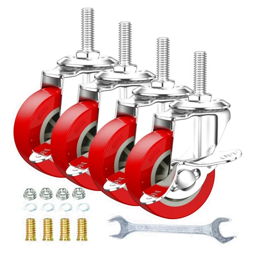 YEEMIGO 2 Inch Swivel Caster Wheels Set of 4, Locking Casters Heavy Duty Total Capacity 200lbs, Metric M8-1.25×25mm Threaded Stem PU Castors with Brake