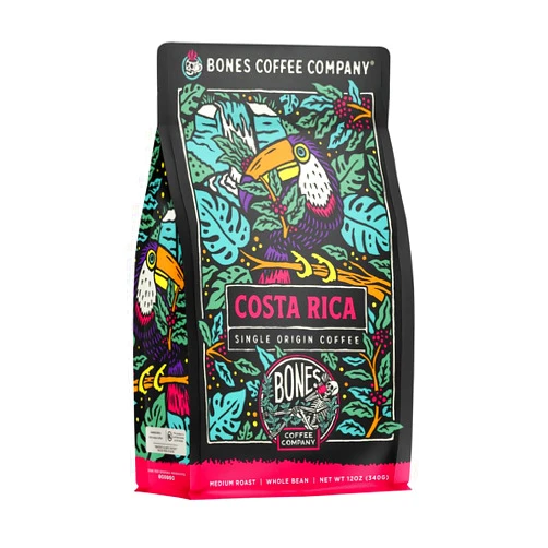 Bones Coffee Company Costa Rica Single-Origin Whole Coffee Beans, Low Acid Coffee Made with Arabica Coffee Beans, Medium Roast Gourmet Coffee, Coffee Lover Gift Ideas (12 oz)