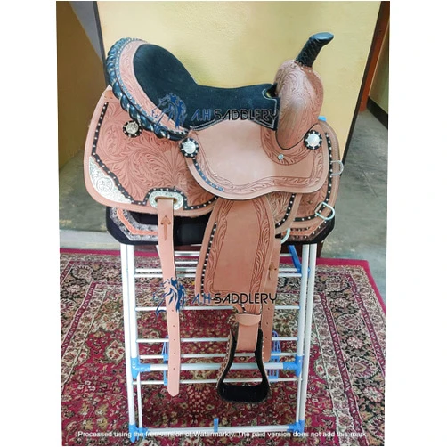 Blue Lake Premium Western Leather Barrel Racing Youth & Pony Horse Saddle with Matching Leather Headstall + Breast Collar + Reins | Color : Lemonde Pink-Black (11.5