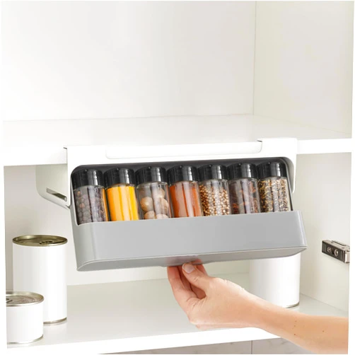 Fuerdich Seasoning Rack with 6 Seasoning Cans, Seasoning Storage Rack Pull-out Seasoning Rack with Seasoning Cans Kitchen Storage Rack Spice Rack Without Drilling (32 X 9.5 X 13.5 CM)